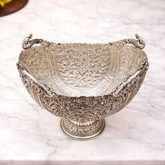 Brass Silver Plated Decorative Basket with Peacock Design (10 Inch)