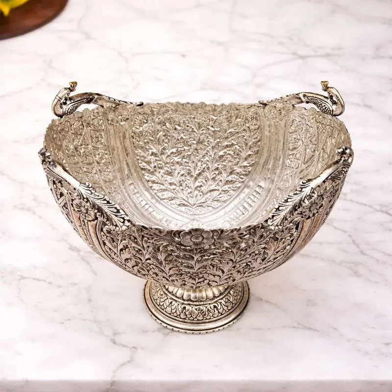 Brass Silver Plated Decorative Basket with Peacock Design (10 Inch)
