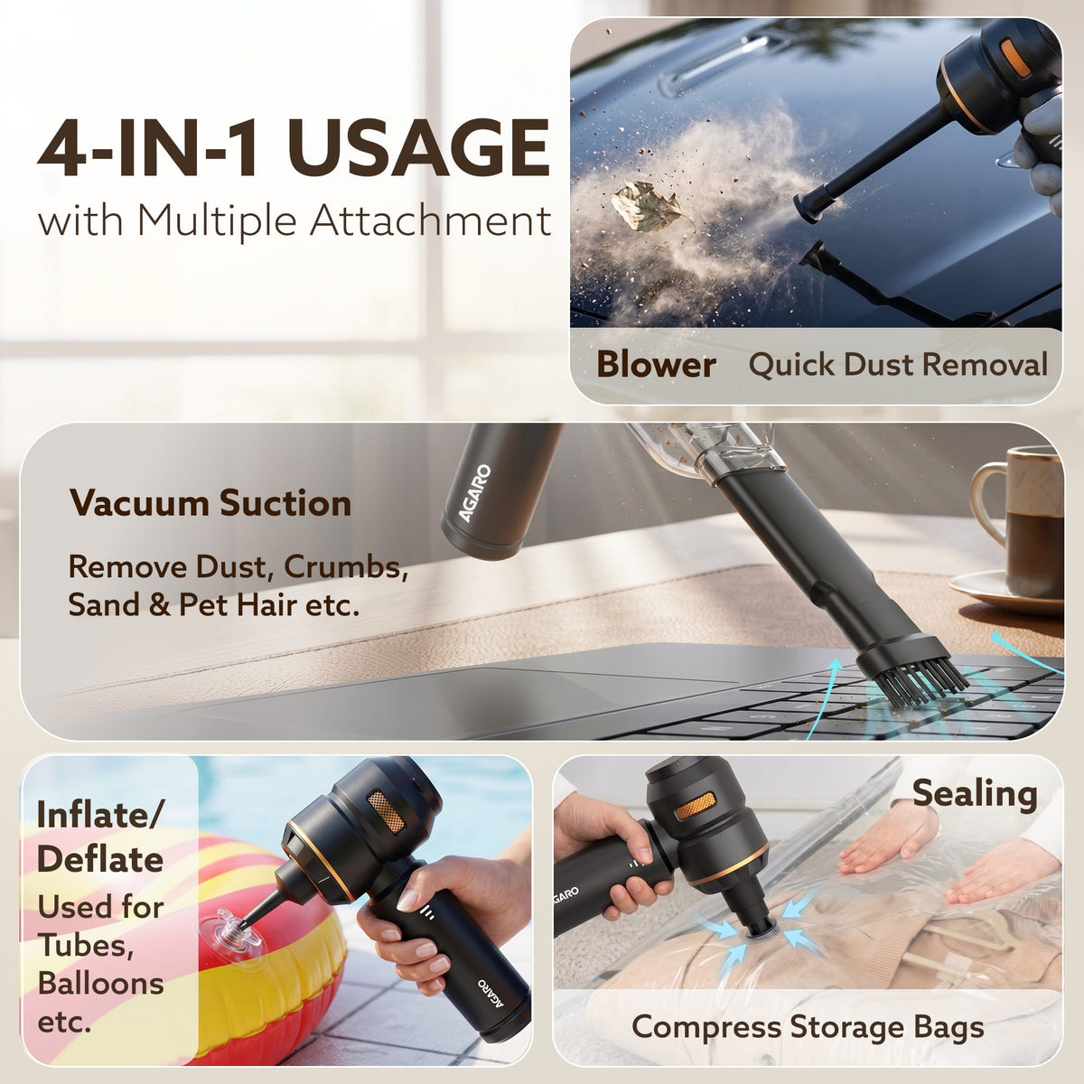 AGARO Car Vacuum Cleaner HVC1991 - Cordless 2-in-1 Vacuum & Blower | 18 ,000Pa Powerful Suction, 100W BLDC Motor, 3-Speed Control, HEPA Filter, For Car, Home, Office, Sofa & Keyboard