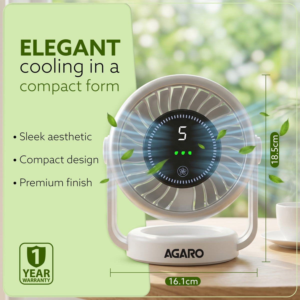 AGARO Regal Rechargeable Digital Desk Fan, 6 Inch, 3600mAh Battery, 5 Speeds, Type-C Charging, LED Display, Brushless Motor, Low Noise Operation, Personal Mini Table Fan for Home Office Bedroom Travel