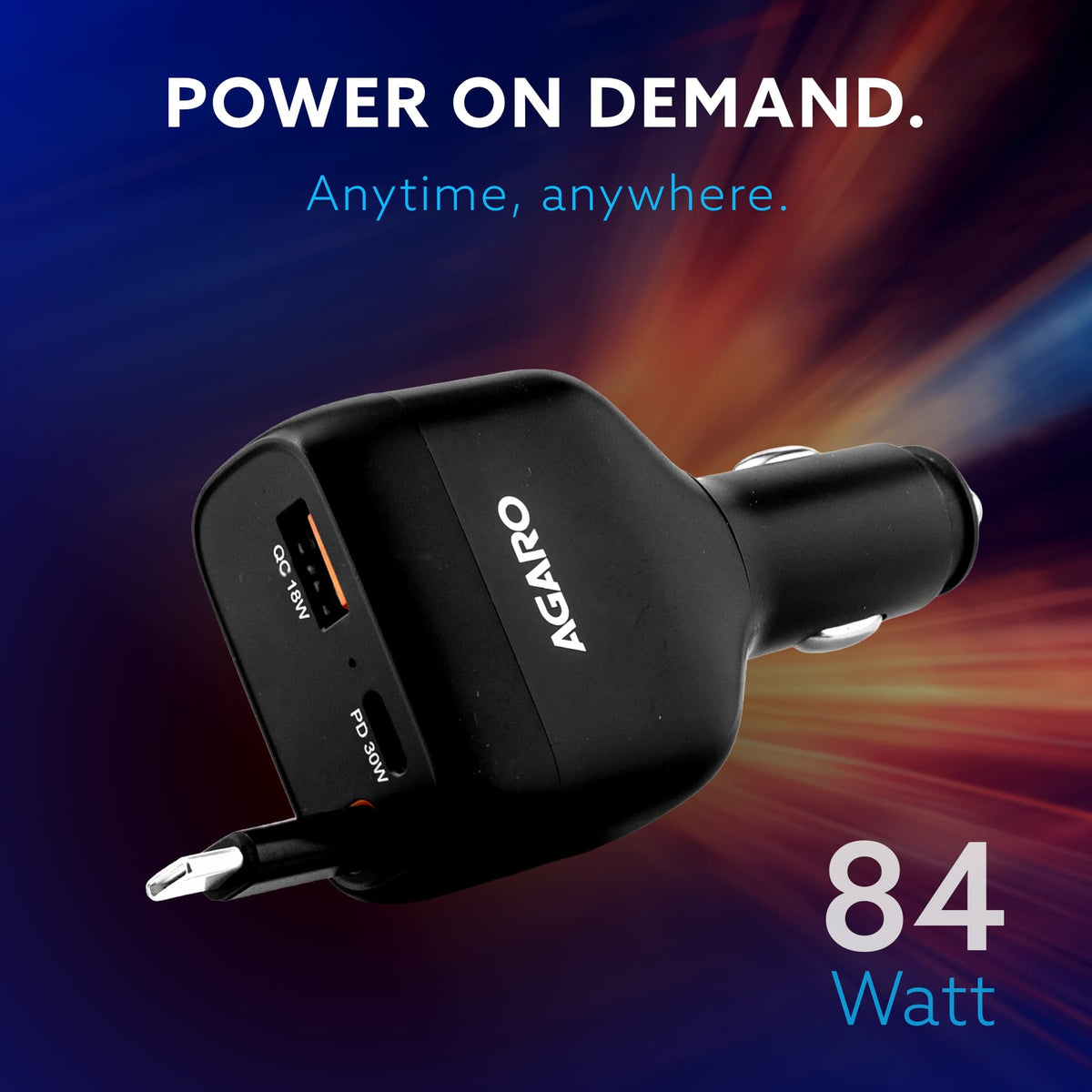 AGARO Turbo 84W 3 in1 Car Charger with 86 cm Retractable Cable (30W Type-C PD) & Dual Port (18W USB-A & 30W Type-C) for Android, iPhone, iPad, Earbuds, Tablet, Power Bank & USB-powered devices (Black)
