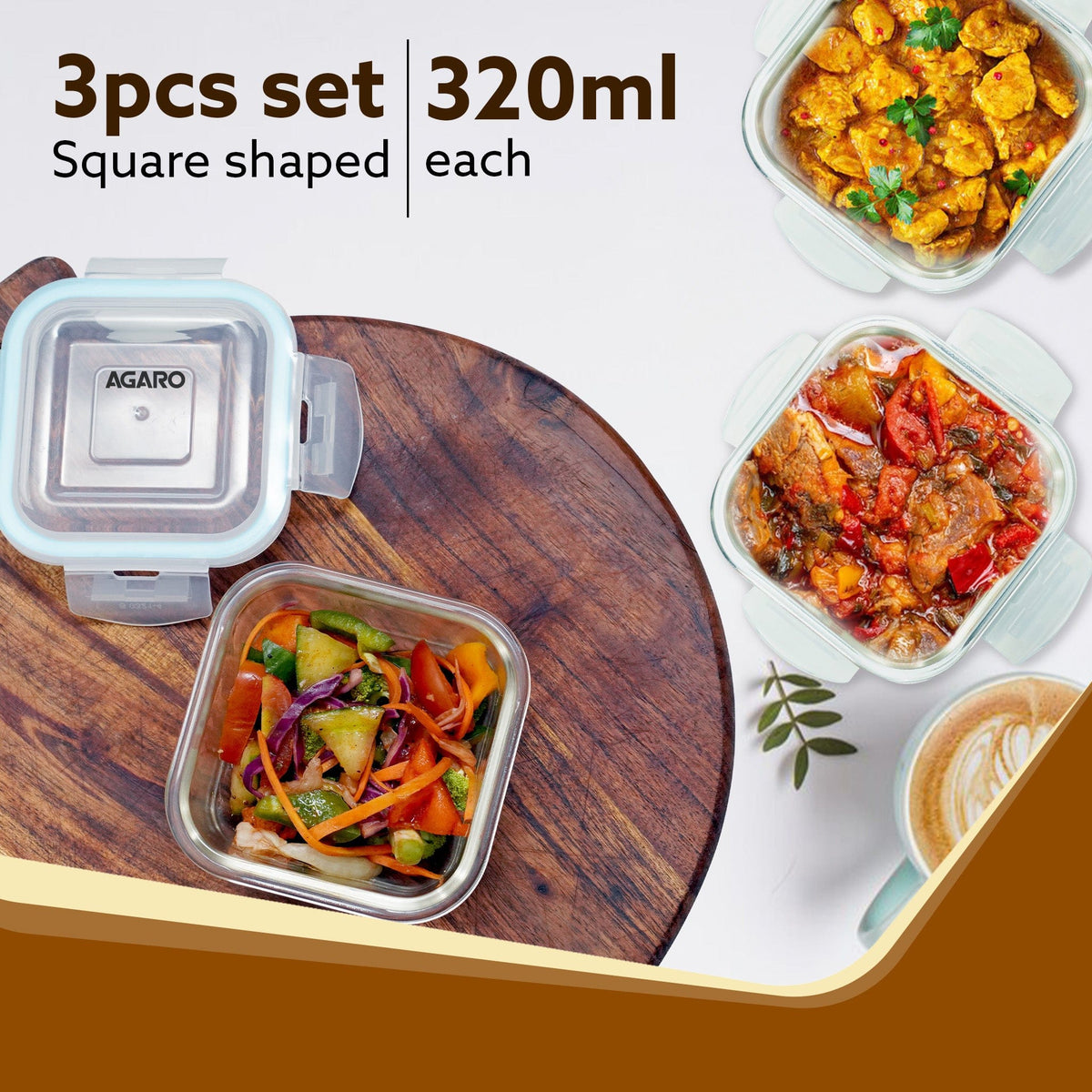 AGARO Elite Borosilicate Glass Lunch Box, 3pcs Set, 320ml Each, Office Tiffin Box with Bag for Men & Women, Square Shaped, Leak Proof & Airtight Locking Lid, Microwave & Freezer Safe, Transparent