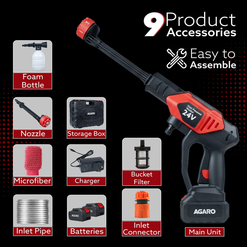 AGARO Marvel Cordless High Pressure Washer Gun | 24V Rechargeable Battery (2 x 1500mAh) | 110–240V | 10 Bar | 6-in-1 Adj