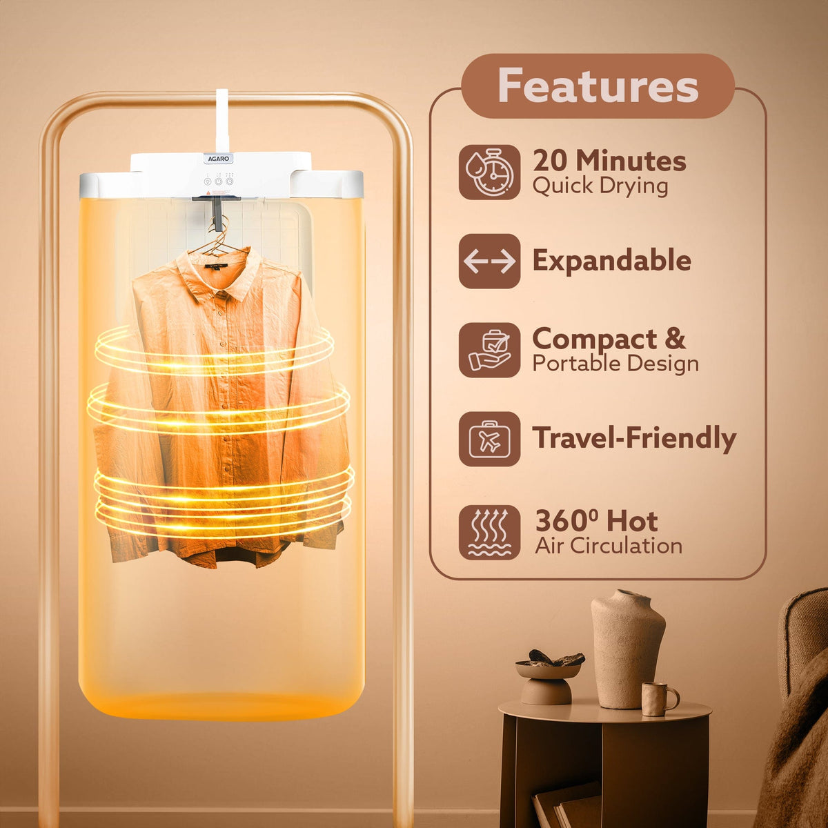 AGARO Regal Portable Clothes Dryer, Automatic Clothes Warmer Machine with Hanger,103L Capacity, 9 Pieces at a time, 600W