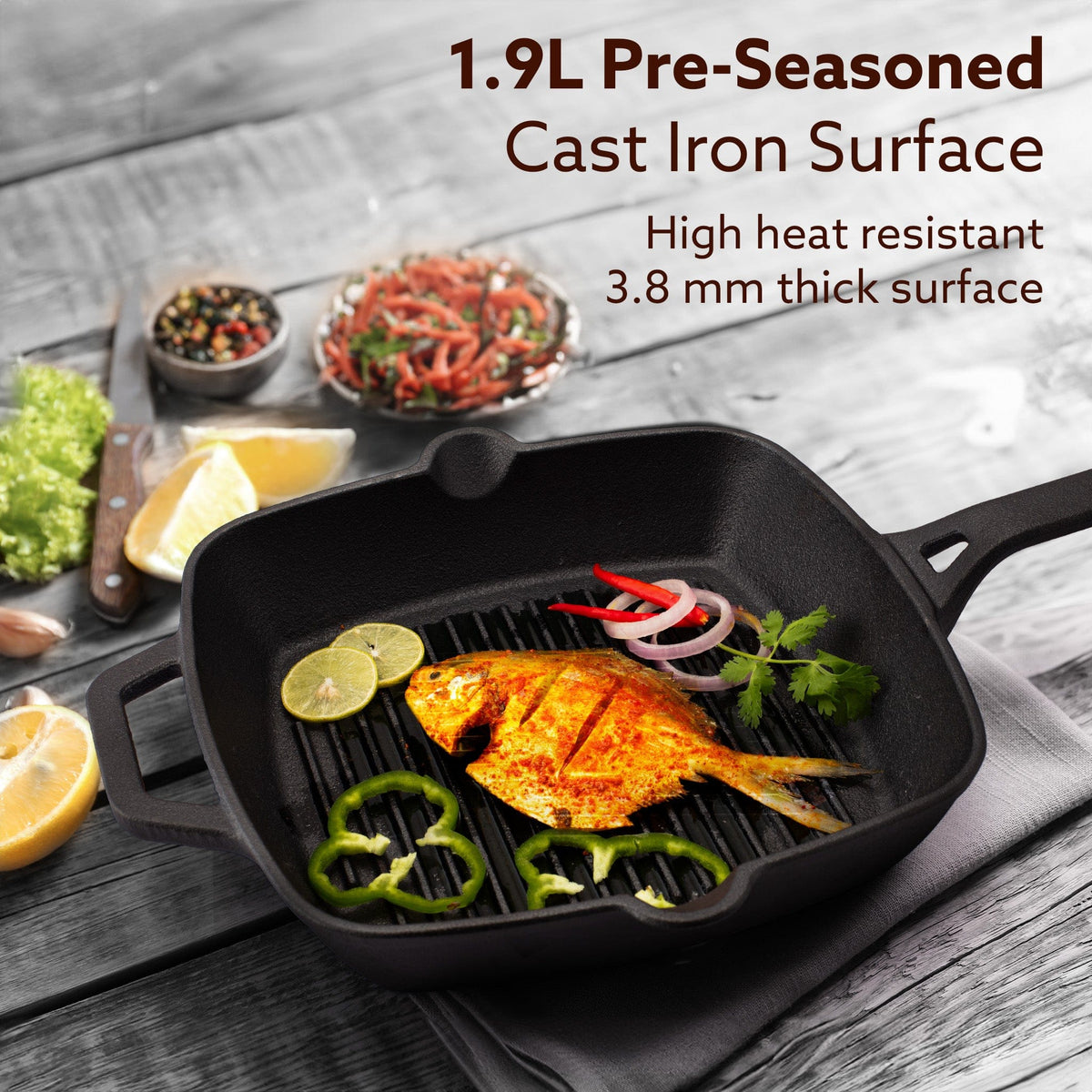 AGARO Royal Pre Seasoned Cast Iron Grill Pan, 24cm Diameter, 1.9L, No Chemical Coating, Rigid Handles, Fast Heating, Hea