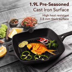 AGARO Royal Pre Seasoned Cast Iron Grill Pan, 24cm Diameter, 1.9L, No Chemical Coating, Rigid Handles, Fast Heating, Hea