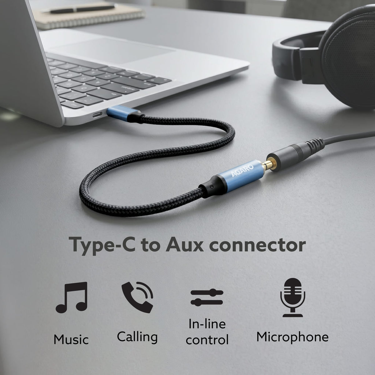 AGARO Type-C to 3.5mm Aux Female Converter with Built-in DAC, Hi-Res Durable Audio Adapter, Supports Mic & Calls, Compatible with iPhone 15 & above, Mobile, Laptops, Plug & Play USB-C to AUX Adapter