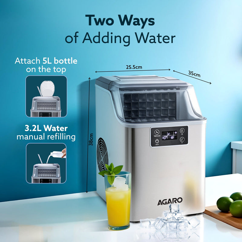 AGARO Galaxy Ice Maker, Compact Ice Maker, 3.2L water Tank, Cube ice, Stainless Steel Body