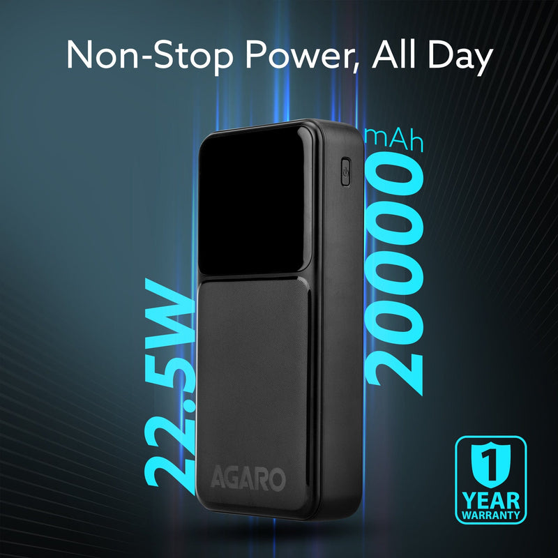AGARO Imperial Power Bank 20000 mAh, 22.5W Power Delivery for Smartphones, Portable, USB C & Micro Input, USB A1,A2 & C 