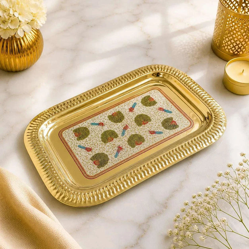 Brass Hand Painted Peacock Serving Tray / Platter
