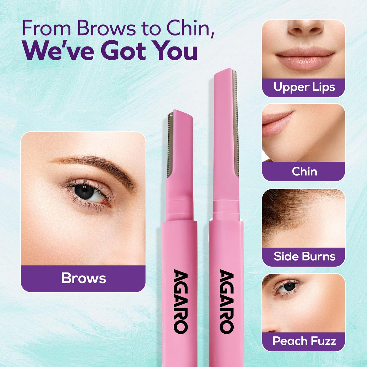 AGARO Imperial Face & Eyebrow Razor for Women (Pack of 3) | Dual Blade Head with German Blades | Easy Facial Hair Shapin