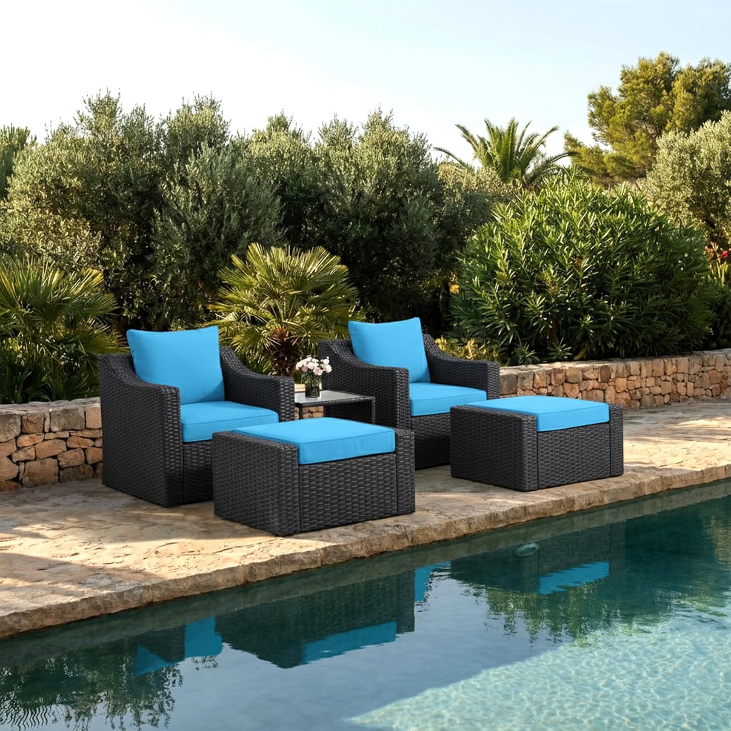Alfonso Outdoor Patio Sofa Set 2 Single Seater , 2 ottoman and 1 Center Table Set (Black + Blue)