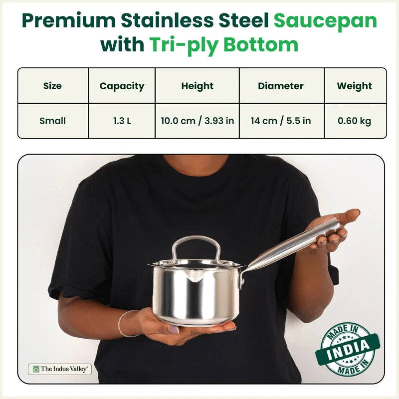 100% Premium Quality Tri-Steel Stainless Steel Tea/Milk Pan/Saucepan, 3 Layer Thick Bottom, Non-stick,  Induction & Gas, 1.3L