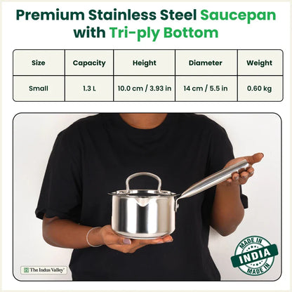 100% Premium Quality Tri-Steel Stainless Steel Tea/Milk Pan/Saucepan, 3 Layer Thick Bottom, Non-stick,  Induction & Gas, 1.3L
