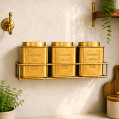 Brass Square Storage Jars / Canister Set With Wall Hanging Stand (Set of 3)