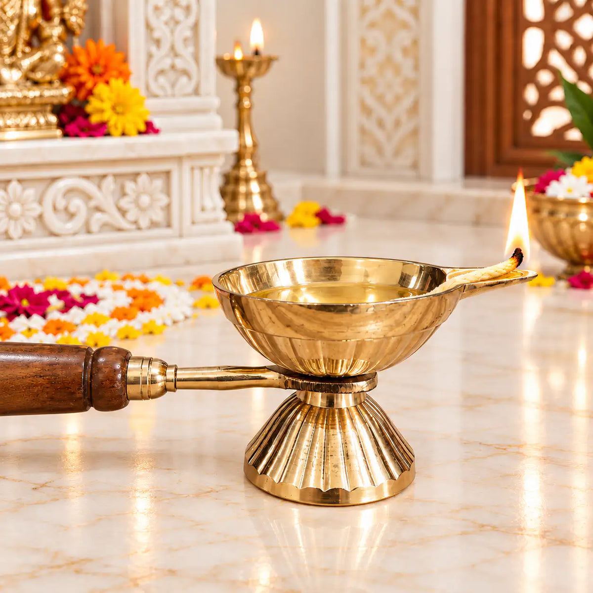 Brass Aarti Diya with Wooden Handle