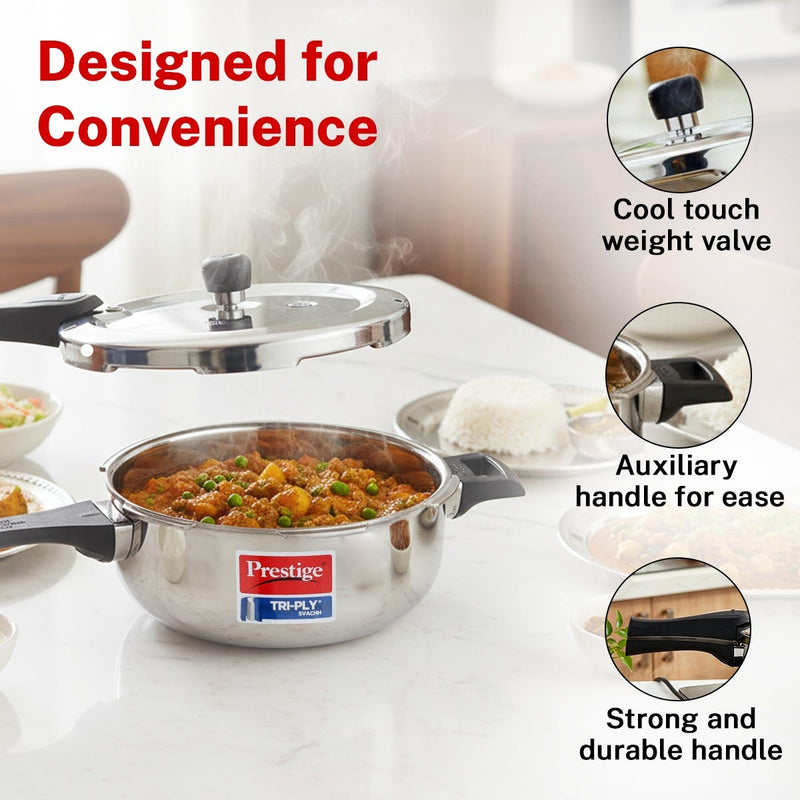 Prestige Svachh Triply Outer Lid Pressure Cooker with Deep Lid for Spillage Control, 3.5 Litre, Silver + Prestige Platina Popular Stainless Steel Impact Forged Bottom Kadai with Glass Lid, 24cm, 2.8 L