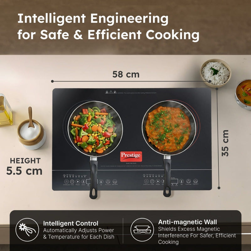 Prestige Electro Duo Infrared and Induction Combi Cooktop + Prestige TRIPLY Splendid 4 Pc Cookware Set: Fry Pan 22cm, Kadai 22cm, Saucepan 14cm, SS Lid 24cm, Gas & Induction Compatible, 15Y Warranty