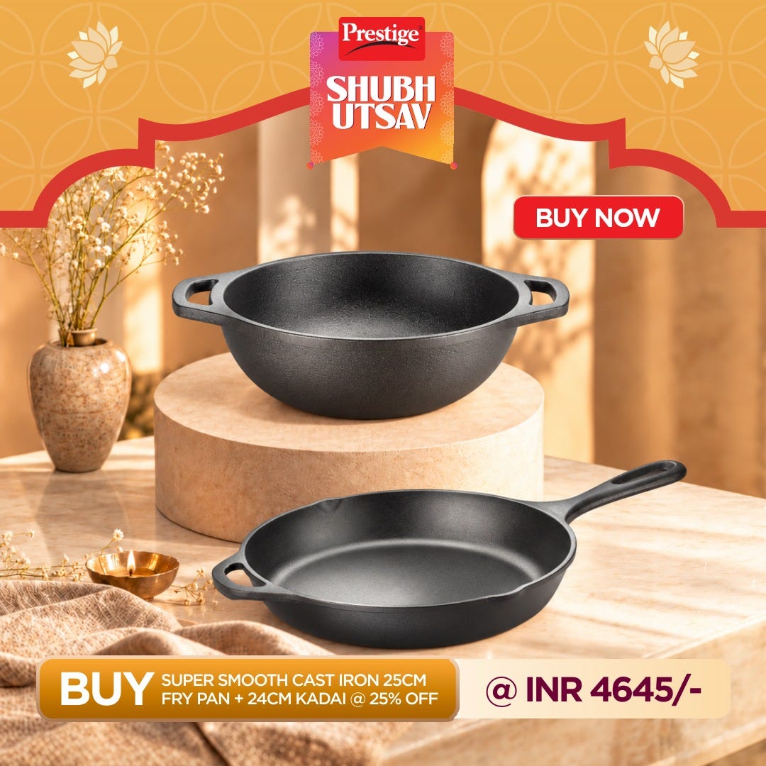 Prestige Cast Iron Kadai 24cm/2L + Prestige Cast Iron Fry Pan 24cm/2.6L, Ferrocast Flo Series, Non-Stick, Chemical Free, Preseasoned, Gas & Induction Compatible, Lifetime Warranty
