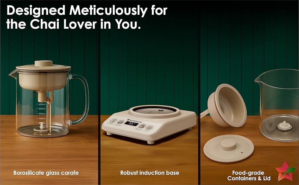 Wonderchef Chai Magic, Fully Automatic Tea & Cappuccino Maker, Make Masala Chai/Cutting Chai/Kahwa/, No Spills, No Overcooking, 4 Modes, Boil Milk/Water/Coffee, 500ML Glass Jar, 2-Yr Warranty