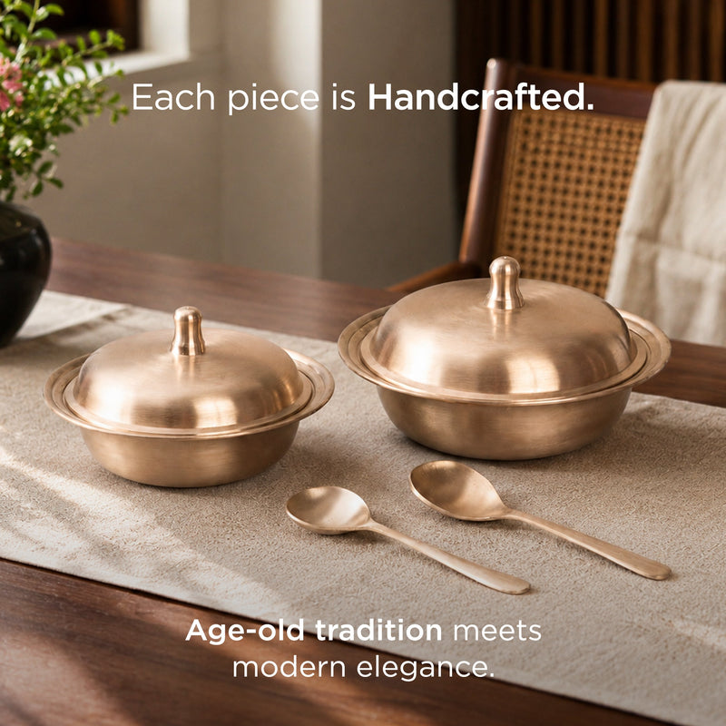 Pure Kansa Serving Bowls with Spoons - Set of 2 • Matte Finish • 100% Lead Free (कांसे का सर्विंग बाउल) | Total Weight: ~3 kg