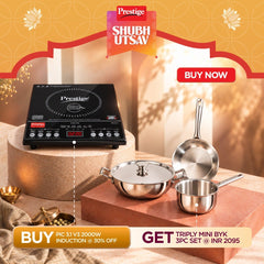 Prestige PIC 3.1 V3 2000W Induction Cooktop, Whistle Counter, 4KV Surge Protection, 7 Indian Menus + Prestige TRIPLY Splendid 4 Pc Cookware Set: Fry Pan 22cm, Kadai 22cm, Saucepan 14cm, SS Lid 24cm