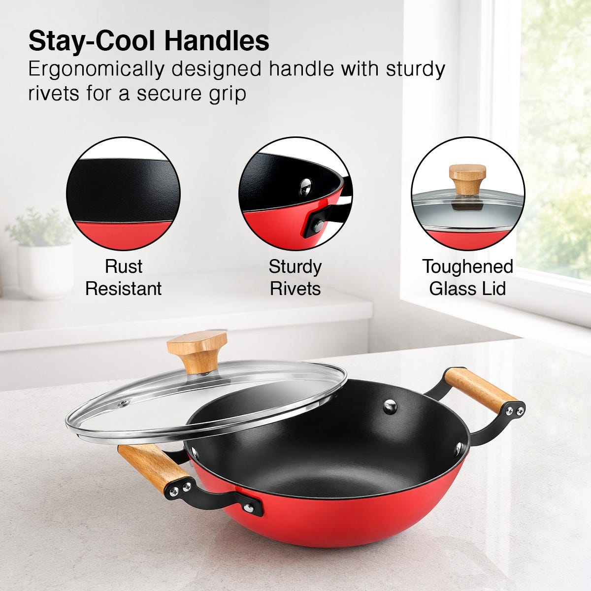 Prestige Castlite Enamel Coated Cast Iron Fry Pan 20cm/0.8L, Lightweight, Stay-Cool Handle + Prestige Castlite Enamel Coated Cast Iron Kadai 24cm/2.3L with Glass Lid, Gas & Induction, 15Y Warranty