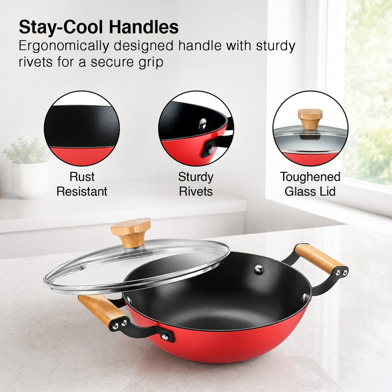 Prestige Castlite Enamel Coated Cast Iron Fry Pan 20cm/0.8L, Lightweight, Stay-Cool Handle + Prestige Castlite Enamel Coated Cast Iron Kadai 24cm/2.3L with Glass Lid, Gas & Induction, 15Y Warranty