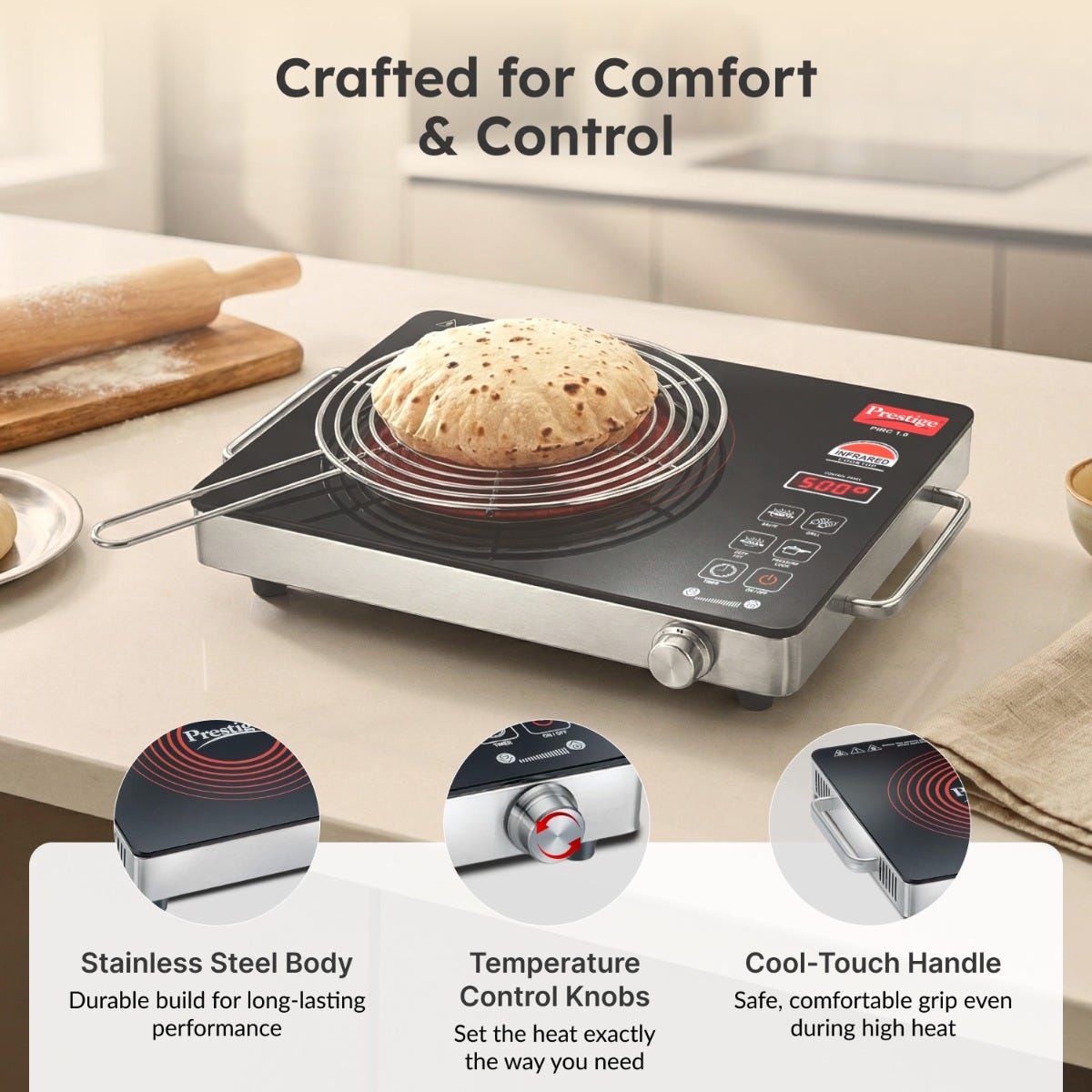 Prestige PIRC 1.0 2200W Infrared Cooktop, Indian Menus & Timer, Flat-Bottom Cookware, Black + Prestige TRIPLY Splendid 4 Pc Cookware Set: Fry Pan 22cm, Kadai 22cm, Saucepan 14cm, SS Lid 24cm