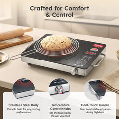 Prestige PIRC 1.0 2200W Infrared Cooktop, Indian Menus & Timer, Flat-Bottom Cookware, Black + Prestige TRIPLY Splendid 4 Pc Cookware Set: Fry Pan 22cm, Kadai 22cm, Saucepan 14cm, SS Lid 24cm