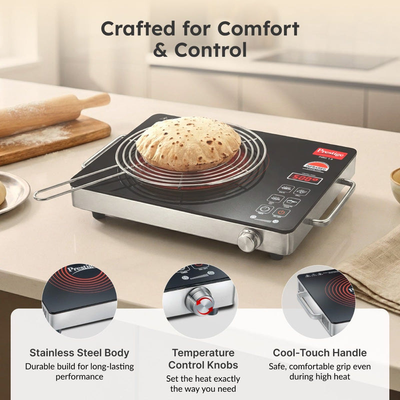 Prestige PIRC 1.0 2200W Infrared Cooktop, Indian Menus & Timer, Flat-Bottom Cookware, Black + Prestige TRIPLY Splendid 4 Pc Cookware Set: Fry Pan 22cm, Kadai 22cm, Saucepan 14cm, SS Lid 24cm