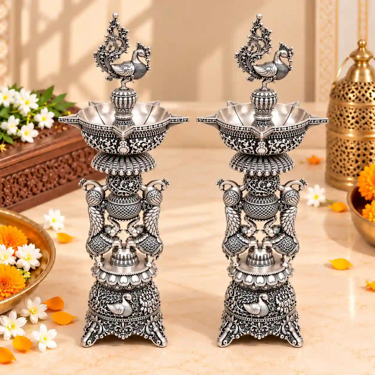 Brass Lightweight Peacock Samai/Lamp Pair