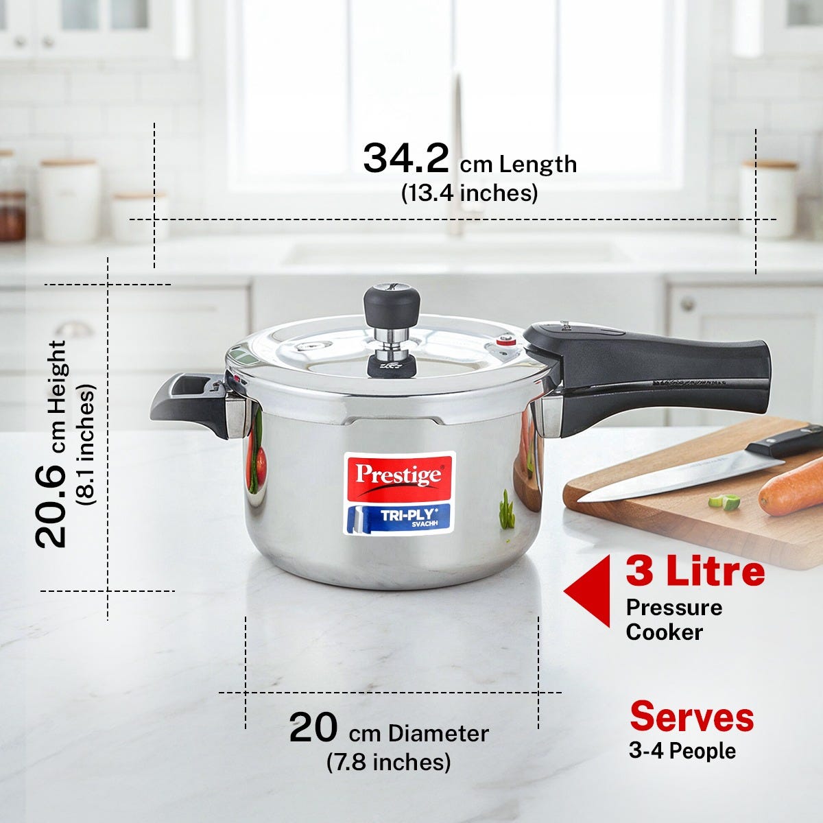 Prestige 3 Litre TRIPLY Svachh Outer Lid Pressure Cooker, Deep Lid Spillage Control, Gas & Induction + Prestige Platina Popular Stainless Steel Impact Forged Bottom Kadai with Glass Lid, 24cm, 2.8 L