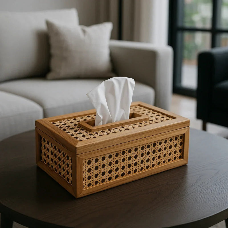 Natural Rattan Wooden Tissue Holder Box- Set Of 2