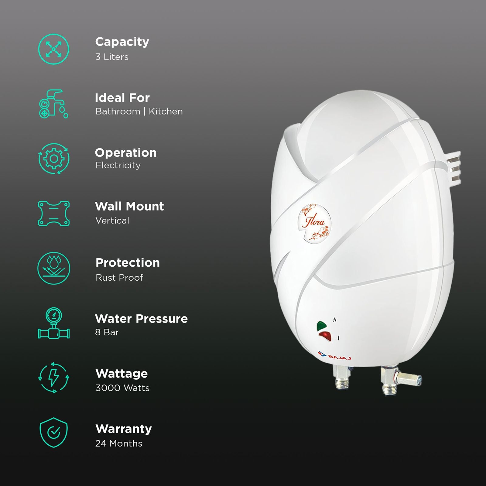 BAJAJ Flora 3 Litre 4 Star Vertical Instant Geyser with Swirl Flow Technology (White)