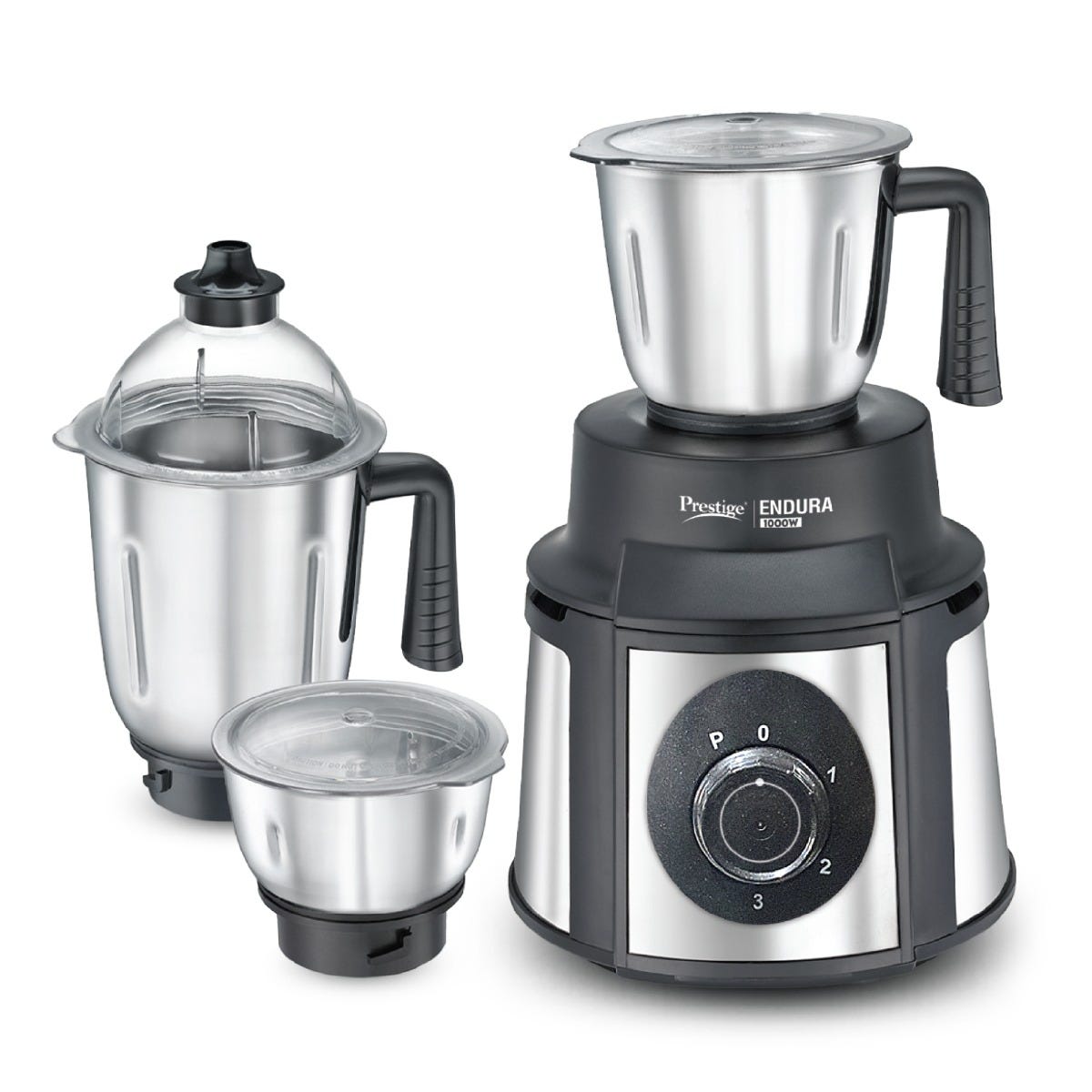 Prestige Endura 1000W Mixer Grinder, 3 SS Jars, Stainless Steel Body, Ball Bearing Pure Copper Motor, See-Through Lids, Black & Silver + Prestige 1.5L PMC 3.0 Plus Multi Kettle / Multi Cooker