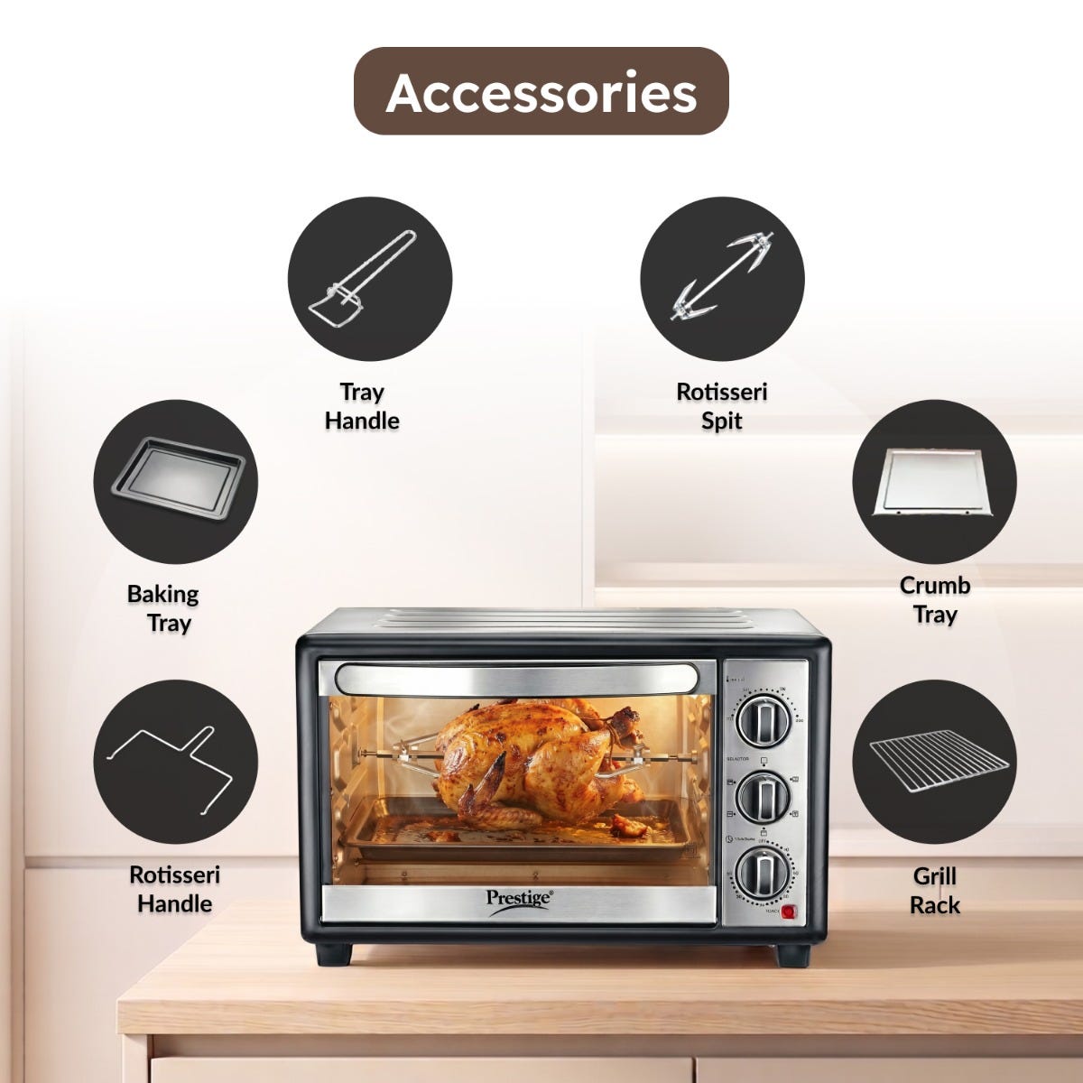 Prestige POTG 28AC 28L OTG, 1500W, Air Fry, Rotisserie, 2 Heaters, Timer, 2Y Warranty + Prestige Nutri-Zen Mixer Grinder, 3 Polycarbonate Jars (Big 1000ml, Sipper with Handle 700ml, Small 700ml)