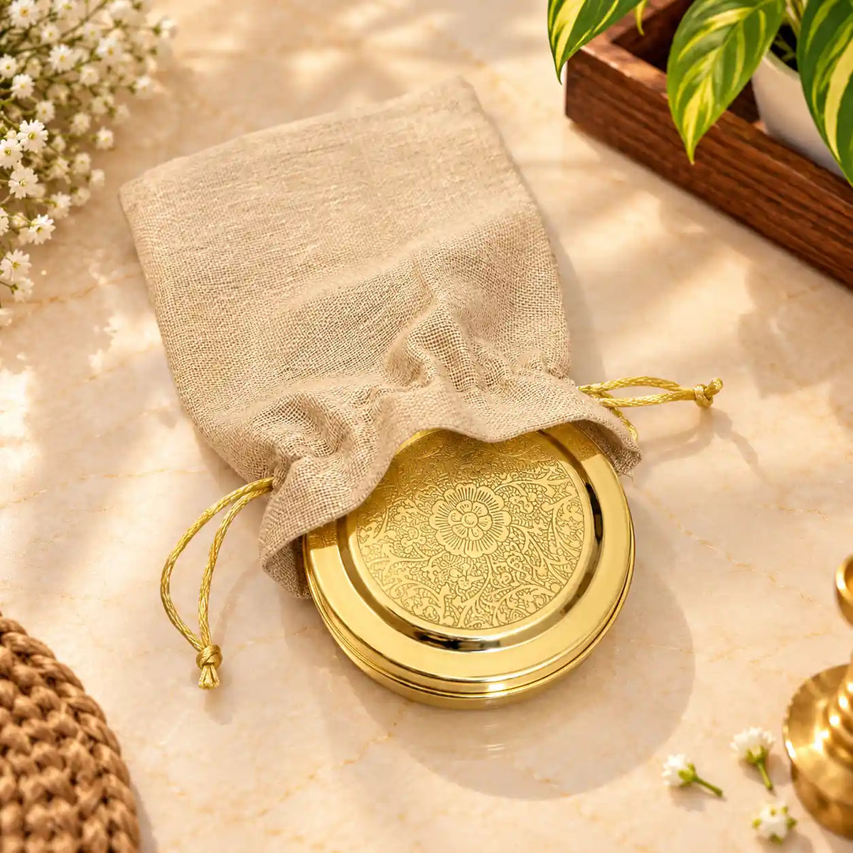 Brass Pooja Kumkum Chopra Box (4.5 Inch)