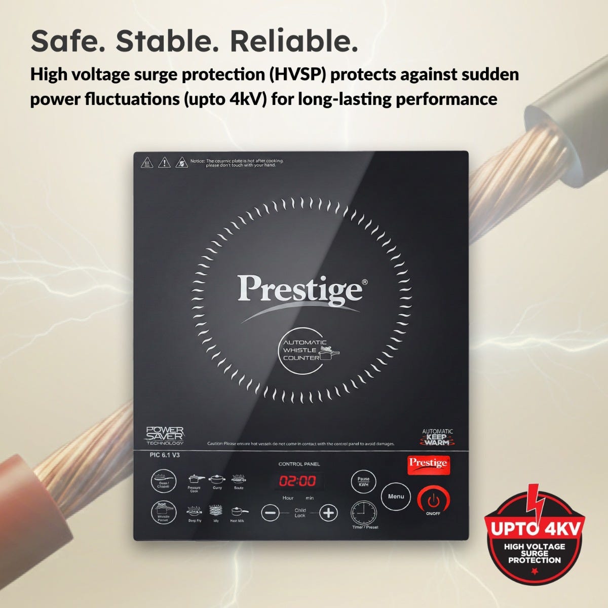 Prestige PIC 6.1 V3 2200W Induction Cooktop, Whistle Counter, 4KV Surge Protection, 7 Indian Menus + Prestige TRIPLY Splendid 4 Pc Cookware Set: Fry Pan 22cm, Kadai 22cm, Saucepan 14cm, SS Lid 24cm