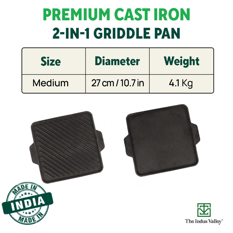 CASTrong Cast Iron 2-in-1 Griddle (Grill Pan + Tawa), Pre-seasoned, 100% Pure, Toxin-free,  Induction, Square,  27.2cm, 4.1 Kg