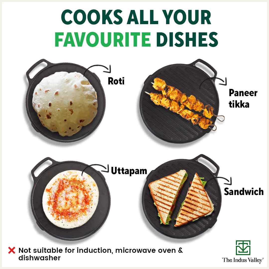 CASTrong Cast Iron 2-in-1 Griddle (Grill Pan + Tawa), Pre-seasoned, 100% Pure, Toxin-free, Induction, Round, 26cm, 2.1 Kg