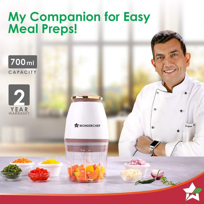 Wonderchef Nutri-chop Pearl Electric Chopper | 4 Sharp Stainless Steel Blades | 700ml | 350W | Chop and Mince Vegetables