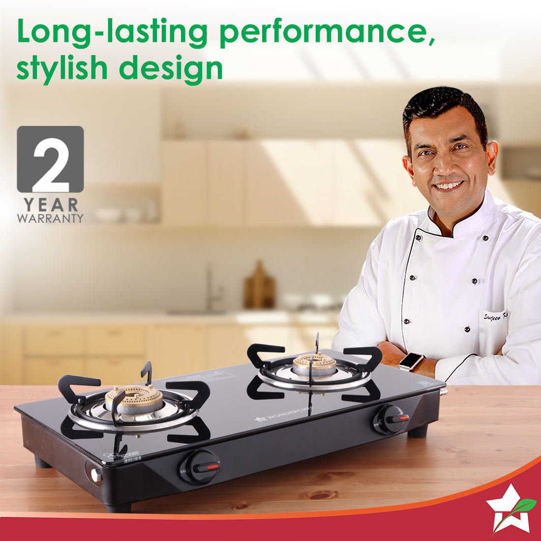 Wonderchef Zest Neo Gas Stove | 2 Burners (1 Medium, 1 Small) | Premium Glass Surface | Space Saving Design | Brass Burn