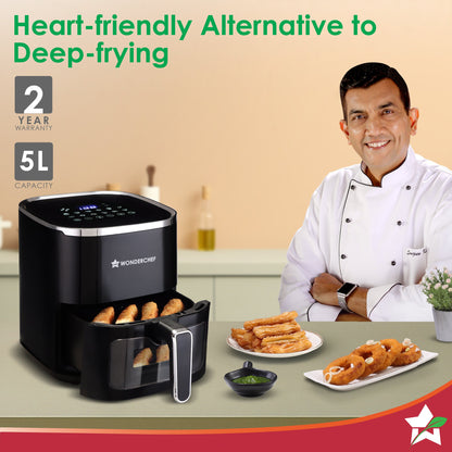 Evita Digital Air Fryer, 1350W, 5 L, Rapid Hot Air Technology, 8 Pre-set Menus, Non-stick Basket, In-built Memory, Customised Time & Temperature Control, Fry, Bake, Grill, 2-Yr Warranty