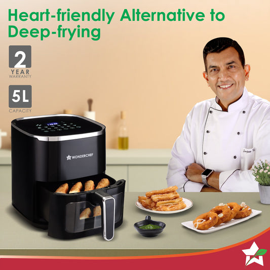 Evita Digital Air Fryer, 1350W, 5 L, Rapid Hot Air Technology, 8 Pre-set Menus, Non-stick Basket, In-built Memory, Customised Time & Temperature Control, Fry, Bake, Grill, 2-Yr Warranty