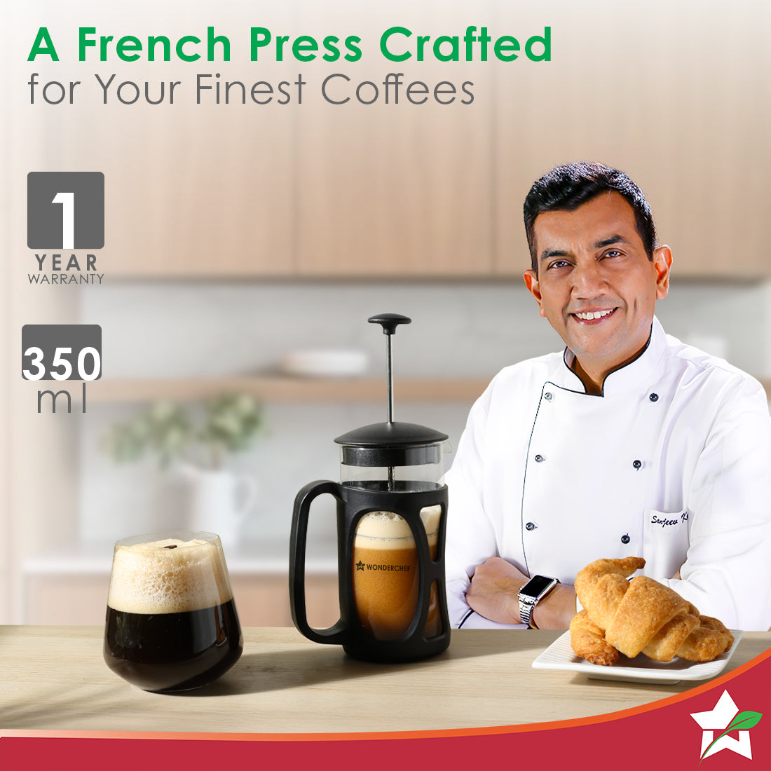 Wonderchef French Press Coffee Maker 350 ml with Milk Frother | Heat Resistant Borosilicate Glass Carafe | 18/8 Stainles