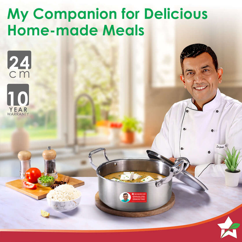Wonderchef Stella Triply Stainless Steel Casserole with Lid | 24 cm, 4.5 Litres | Compatible with Gas Stove, Induction, 