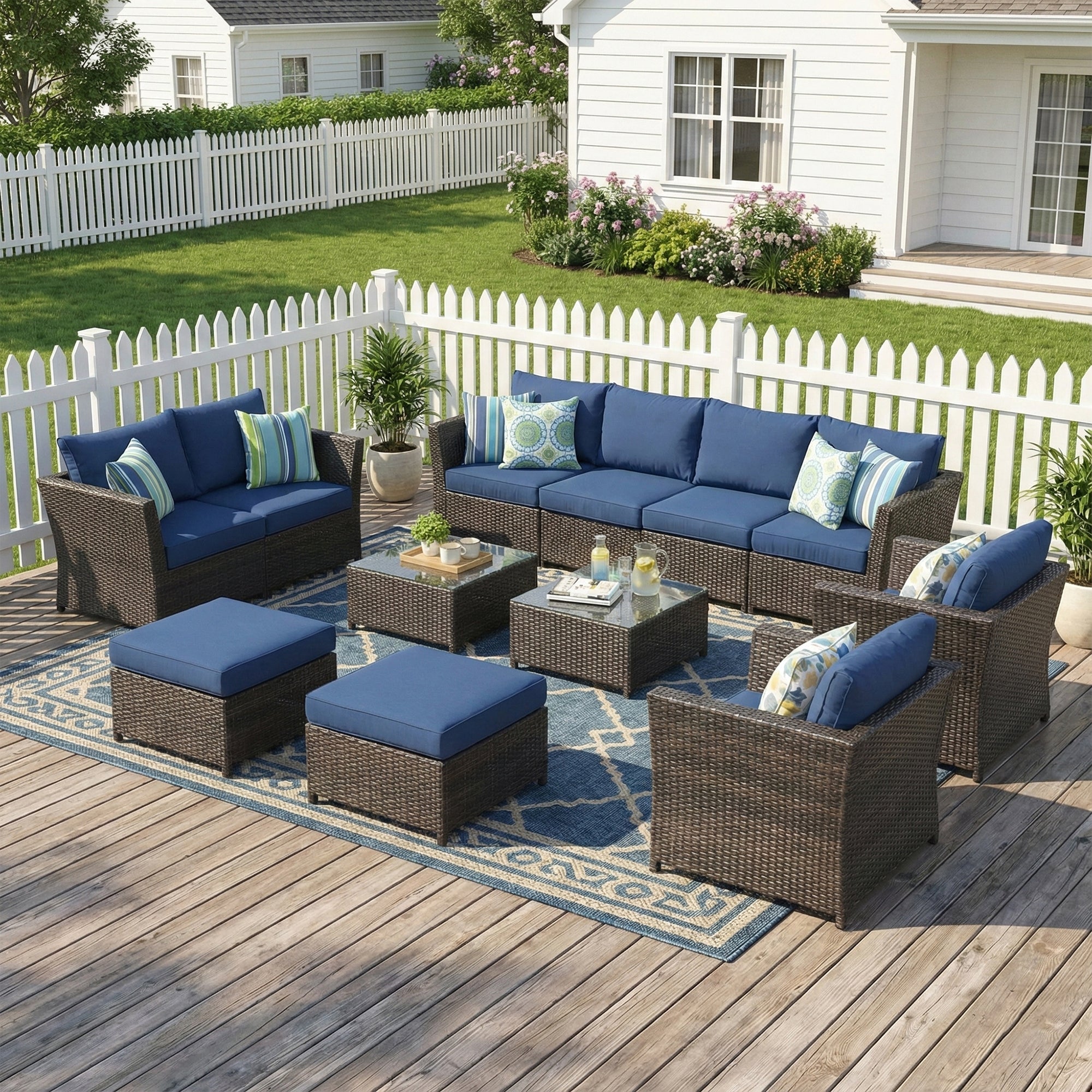 Nura Outdoor Garden Balcony Sofa Set  4 Seater, 2 seater,  2 Single Seater with 2 ottoman and 2 Center Table Set (Brown)