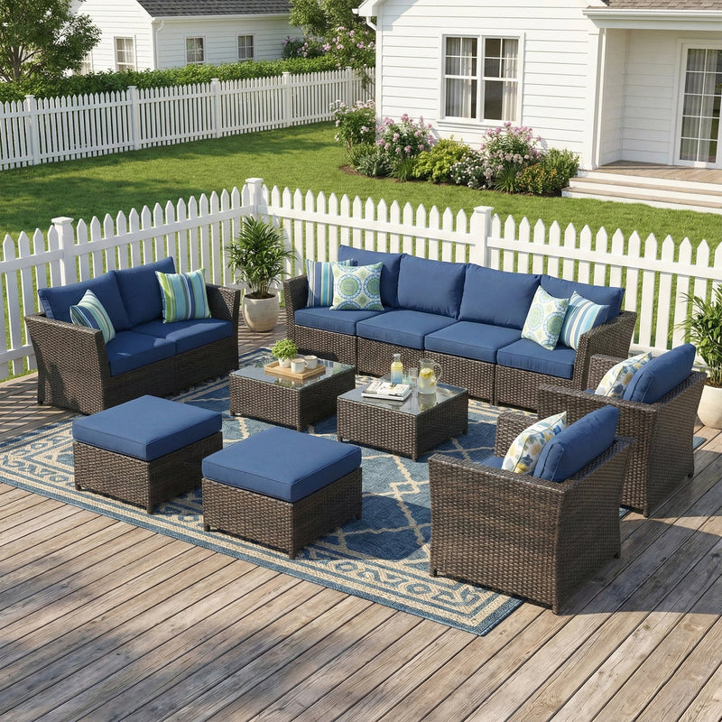 Nura Outdoor Garden Balcony Sofa Set  4 Seater, 2 seater,  2 Single Seater with 2 ottoman and 2 Center Table Set (Brown)