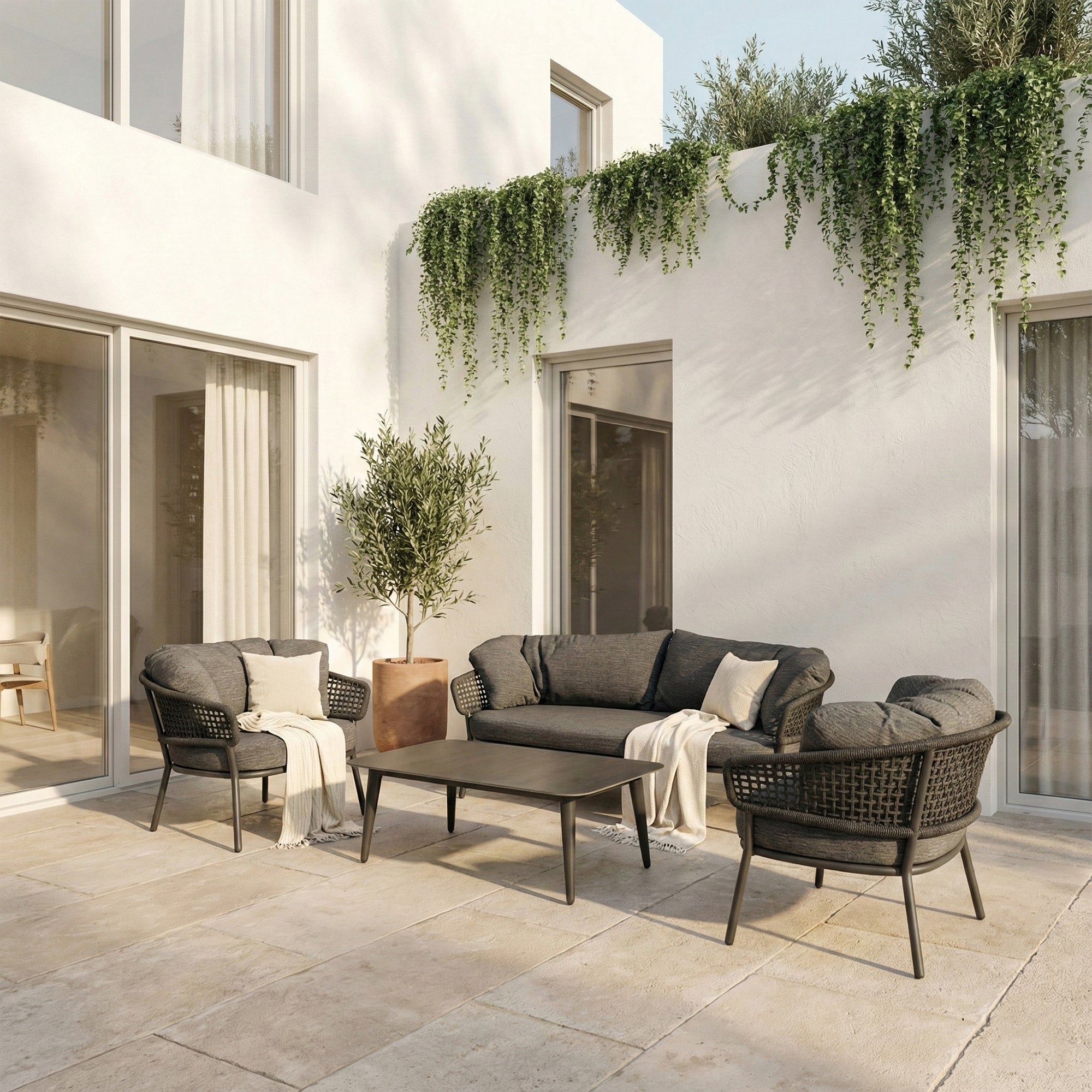 Puff Outdoor Sofa Set 3 Seater , 2 Single seater and 1 Center Table Set (Black) Braided & Rope